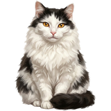 A long-haired black and white cat, sitting, looking at the camera.